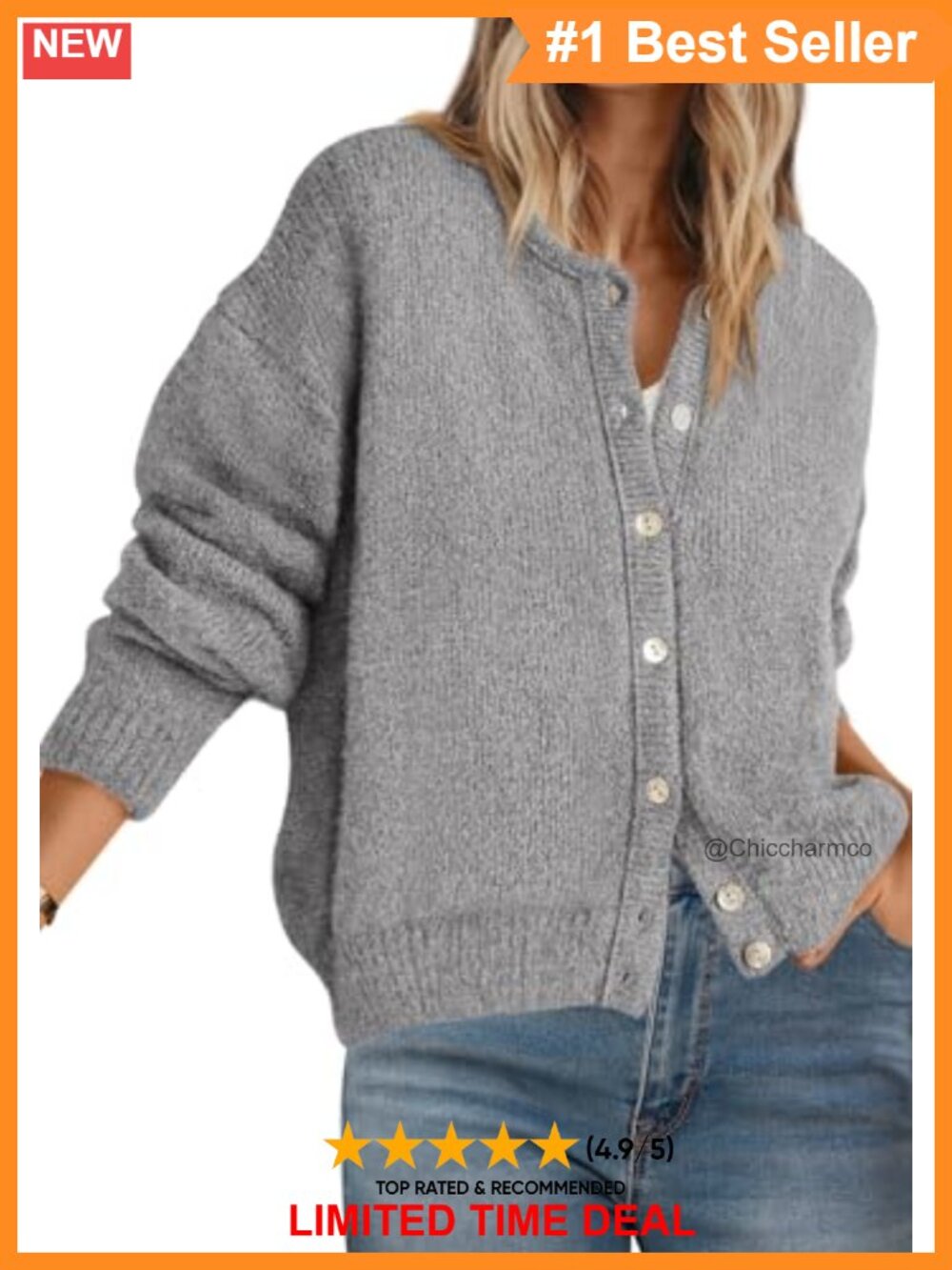 Womens Long Sleeve Crewneck Button Down Knit Cardigan Sweater